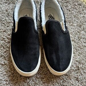 Vans Black and White Fleece-Lined Slip-Ons